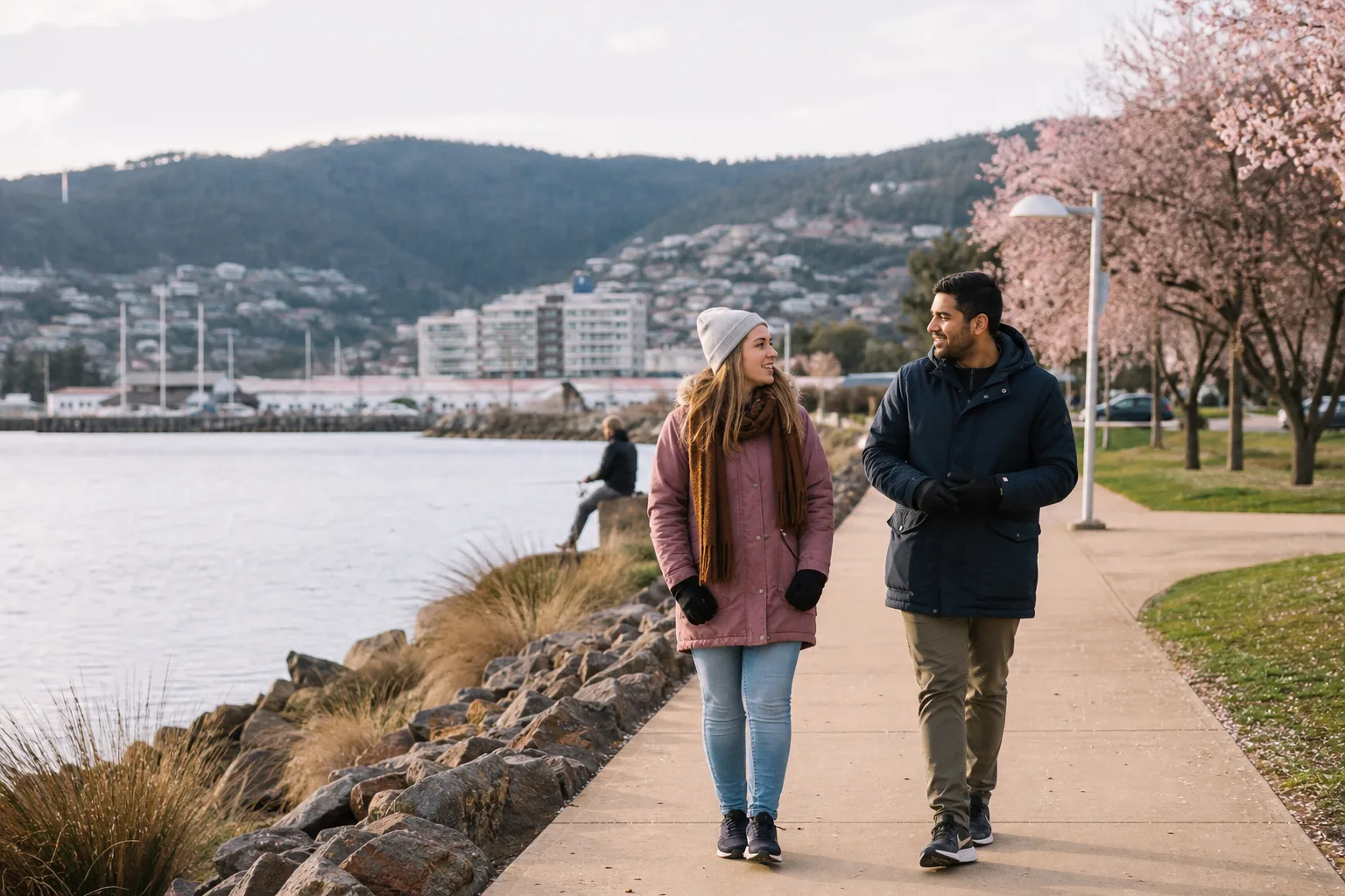 Two people walking beside the water in Launceston, Tasmania