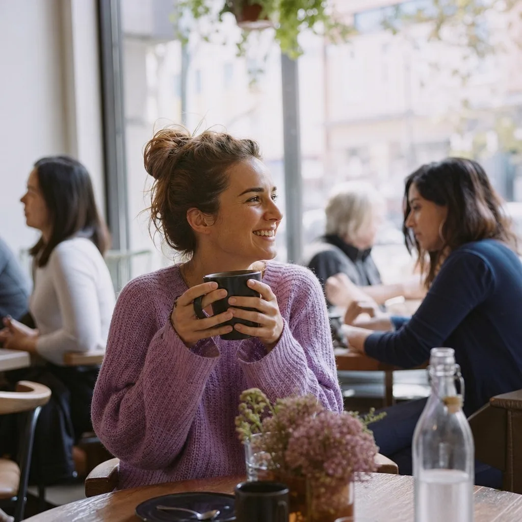 Woman reading a dating profile on her phone at a Launceston cafe