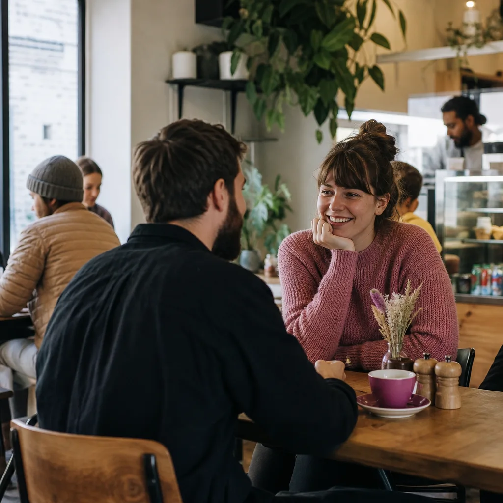 A person reviewing a dating profile on a phone beside a cup of coffee