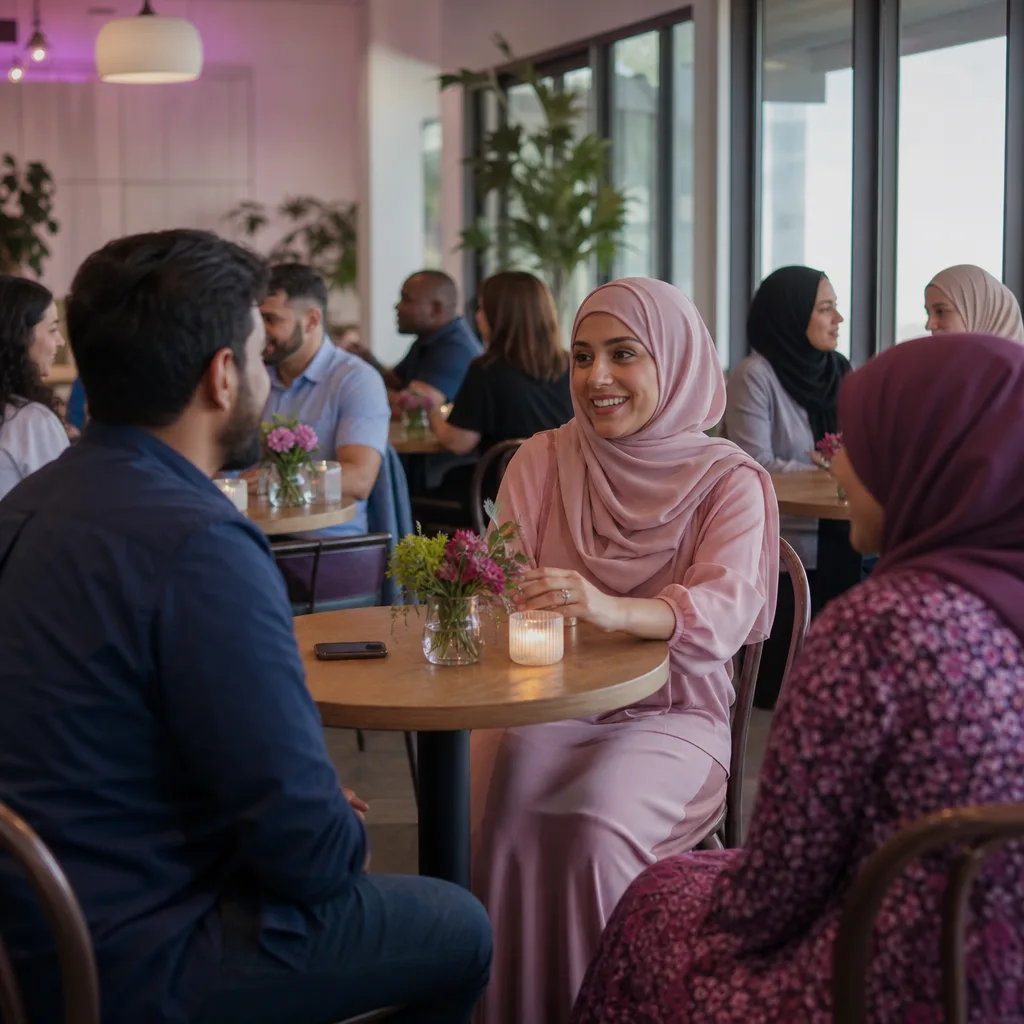 Muslim singles speaking across tables at an organised introduction event