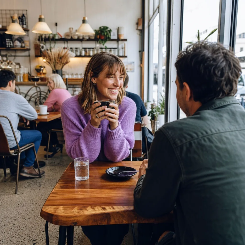 A person reviewing local dating profiles on a phone at a Launceston cafe