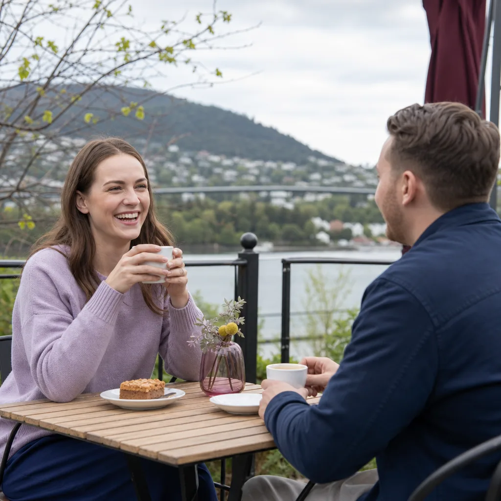 Two people talking at an outdoor table overlooking northern Tasmania scenery