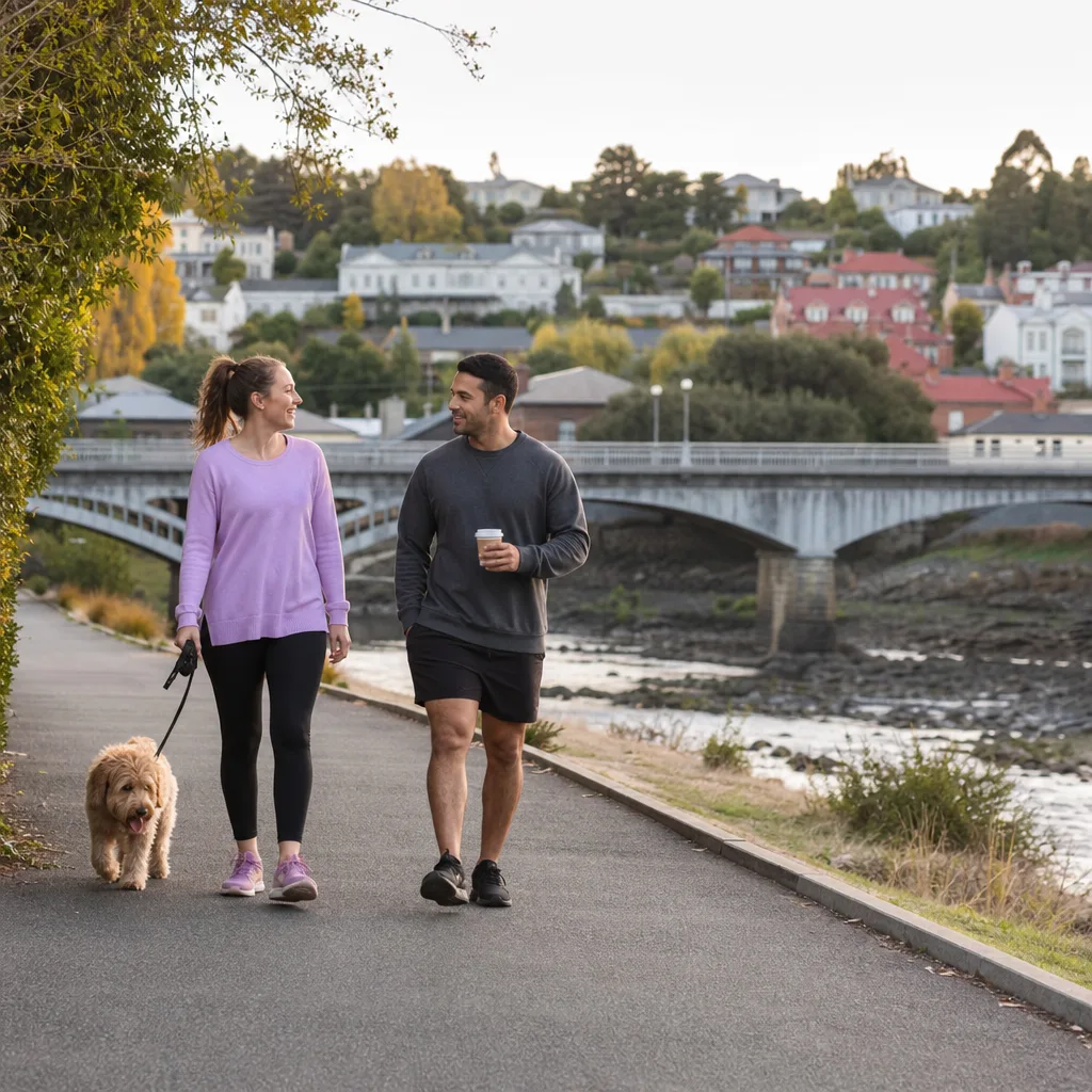 Two adults meeting in a busy public place near central Launceston